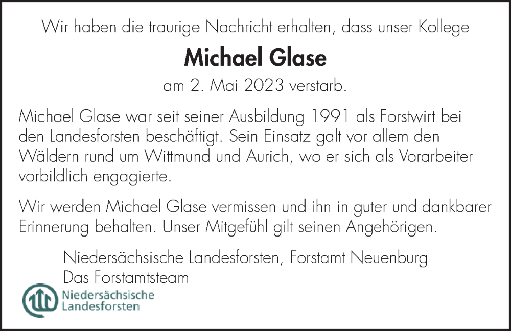  Traueranzeige für Michael Glase vom 06.05.2023 aus WZ/JW/AH