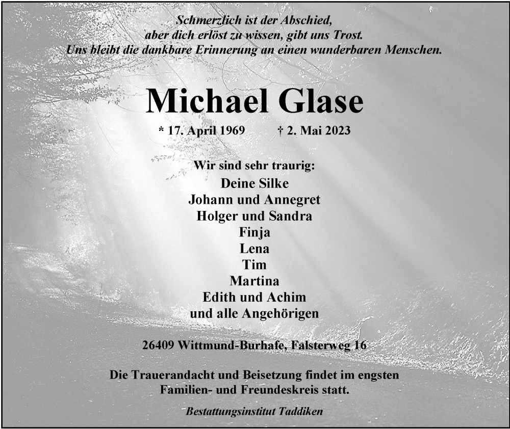  Traueranzeige für Michael Glase vom 06.05.2023 aus WZ/JW/AH