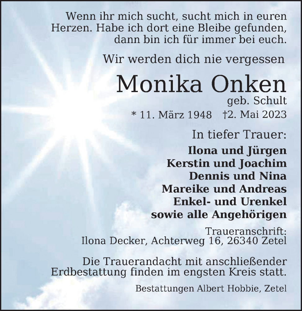  Traueranzeige für Monika Onken vom 06.05.2023 aus Nordwest-Zeitung
