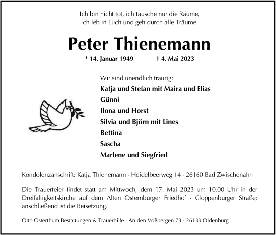 Traueranzeige von Peter Thienemann von Nordwest-Zeitung