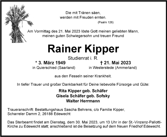 Traueranzeige von Rainer Kipper von Nordwest-Zeitung