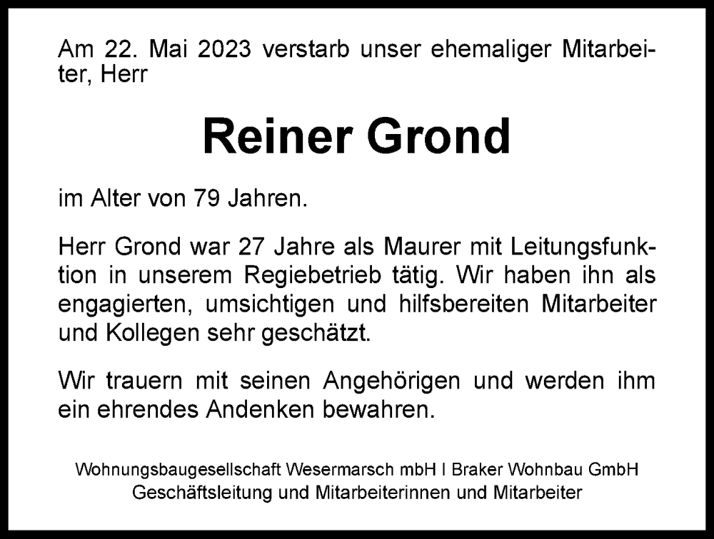  Traueranzeige für Reiner Grond vom 26.05.2023 aus Nordwest-Zeitung
