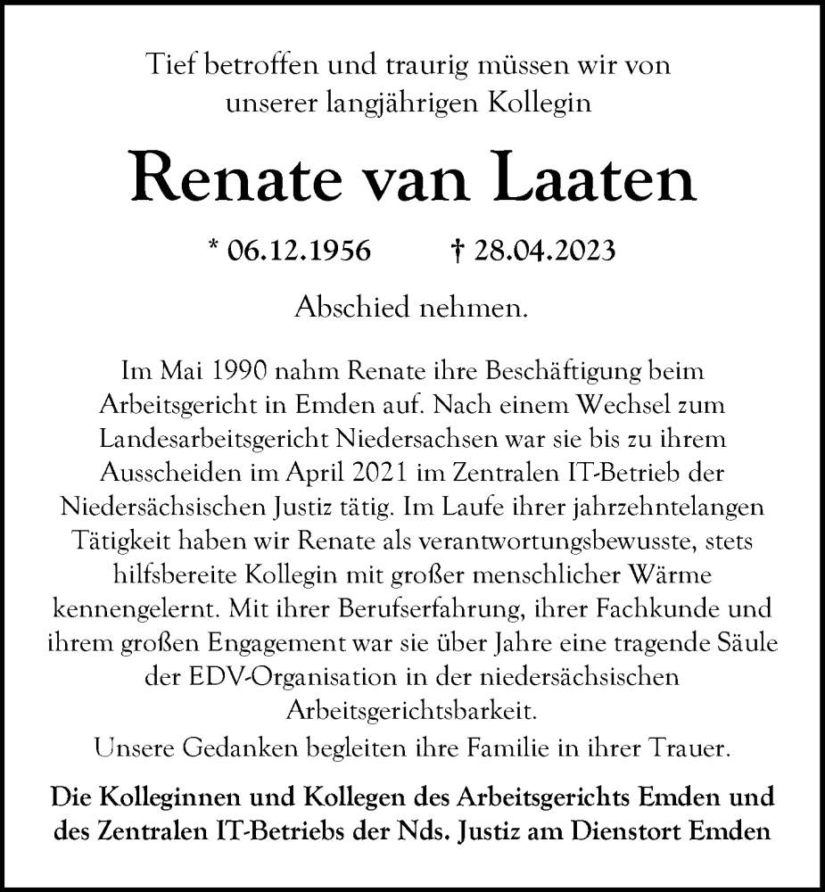  Traueranzeige für Renate van Laaten vom 06.05.2023 aus Emder Zeitung