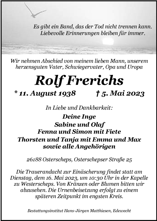 Traueranzeige von Rolf Frerichs von Nordwest-Zeitung