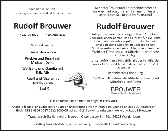 Traueranzeige von Rudolf Brouwer von Nordwest-Zeitung