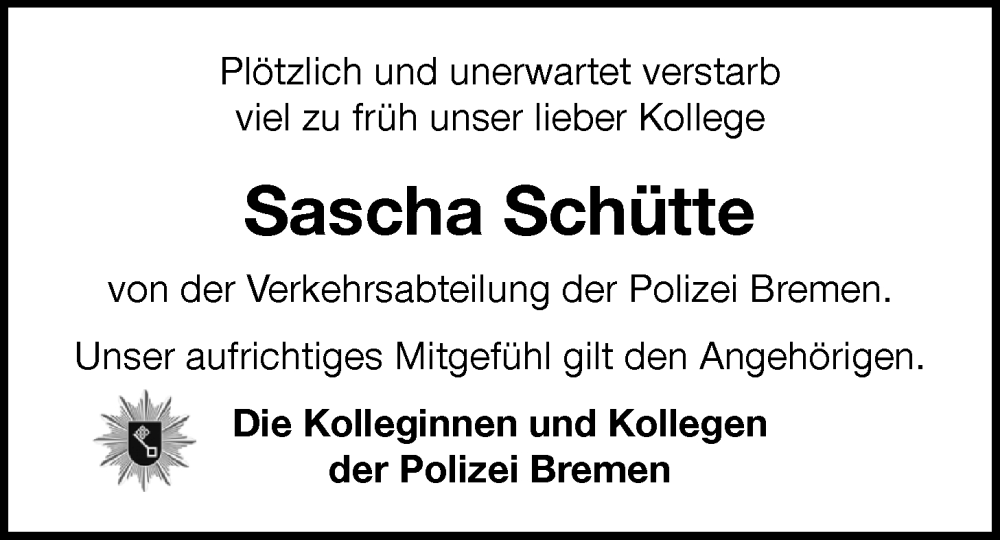  Traueranzeige für Sascha Schütte vom 27.05.2023 aus Nordwest-Zeitung