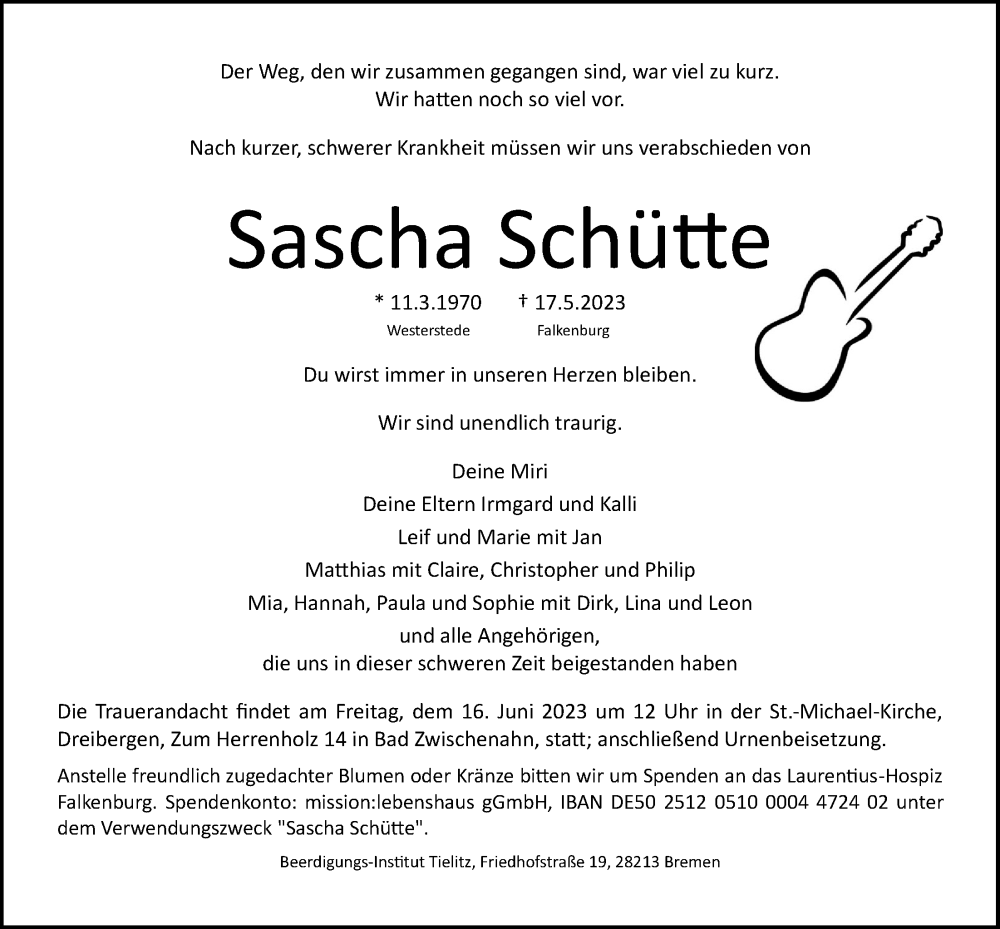  Traueranzeige für Sascha Schütte vom 27.05.2023 aus Nordwest-Zeitung