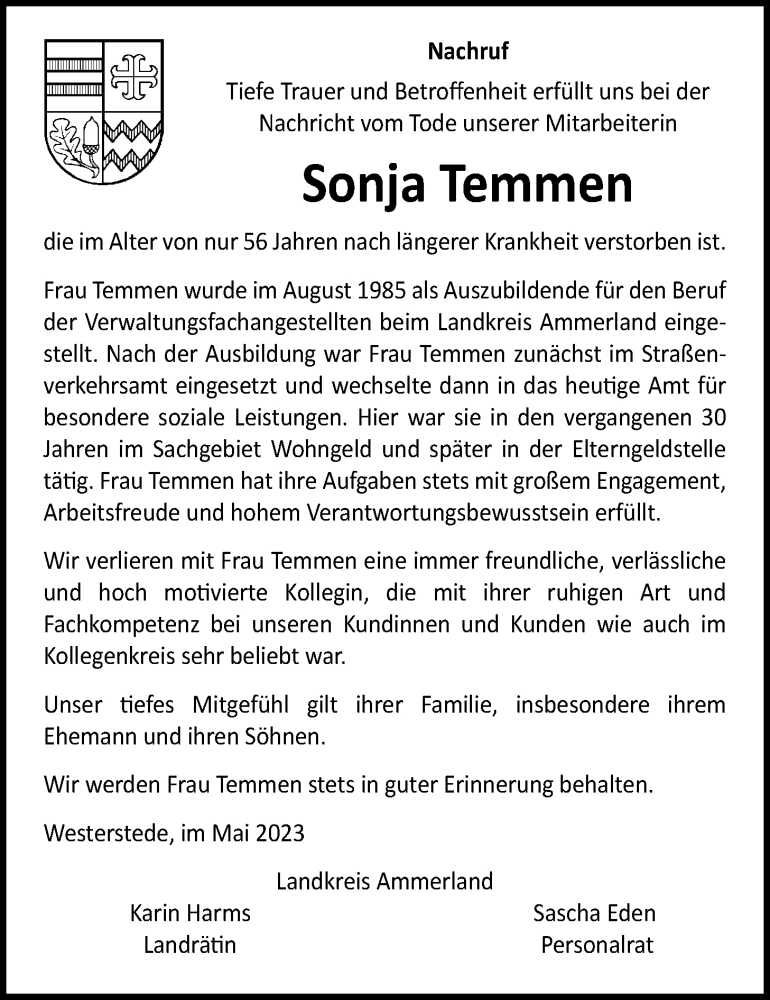  Traueranzeige für Sonja Temmen vom 05.05.2023 aus Nordwest-Zeitung