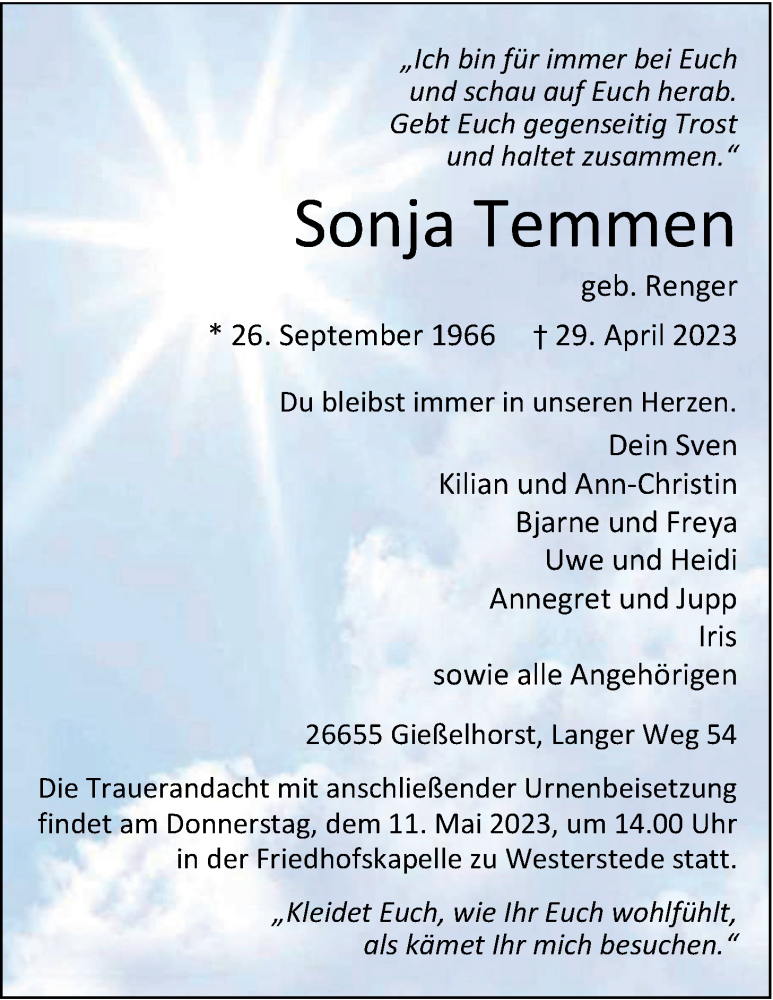  Traueranzeige für Sonja Temmen vom 05.05.2023 aus Nordwest-Zeitung