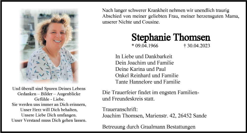  Traueranzeige für Stephanie Thomsen vom 06.05.2023 aus WZ/JW/AH