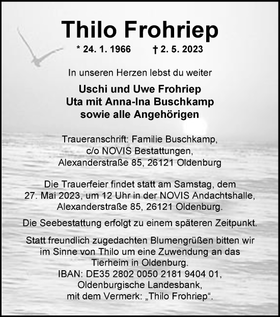 Traueranzeige von Thilo Frohriep von Nordwest-Zeitung