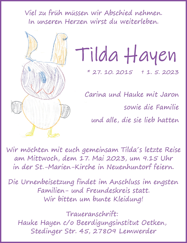  Traueranzeige für Tilda Hayen vom 06.05.2023 aus Nordwest-Zeitung