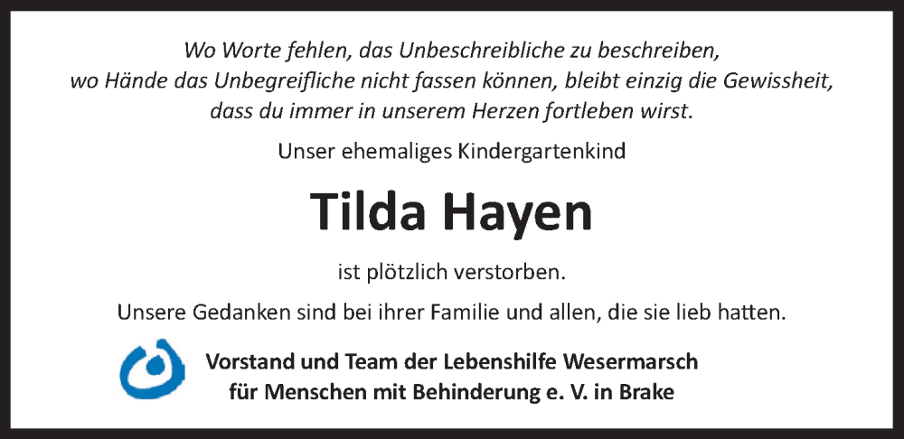  Traueranzeige für Tilda Hayen vom 06.05.2023 aus Nordwest-Zeitung