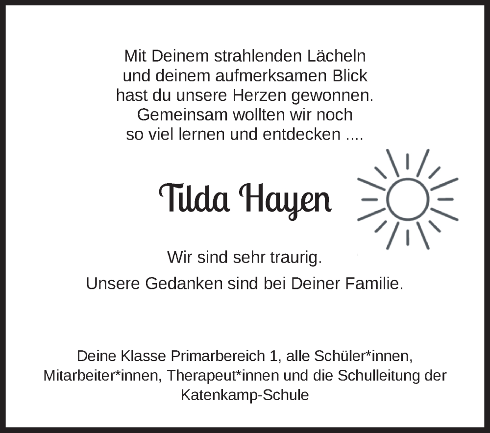  Traueranzeige für Tilda Hayen vom 06.05.2023 aus Nordwest-Zeitung