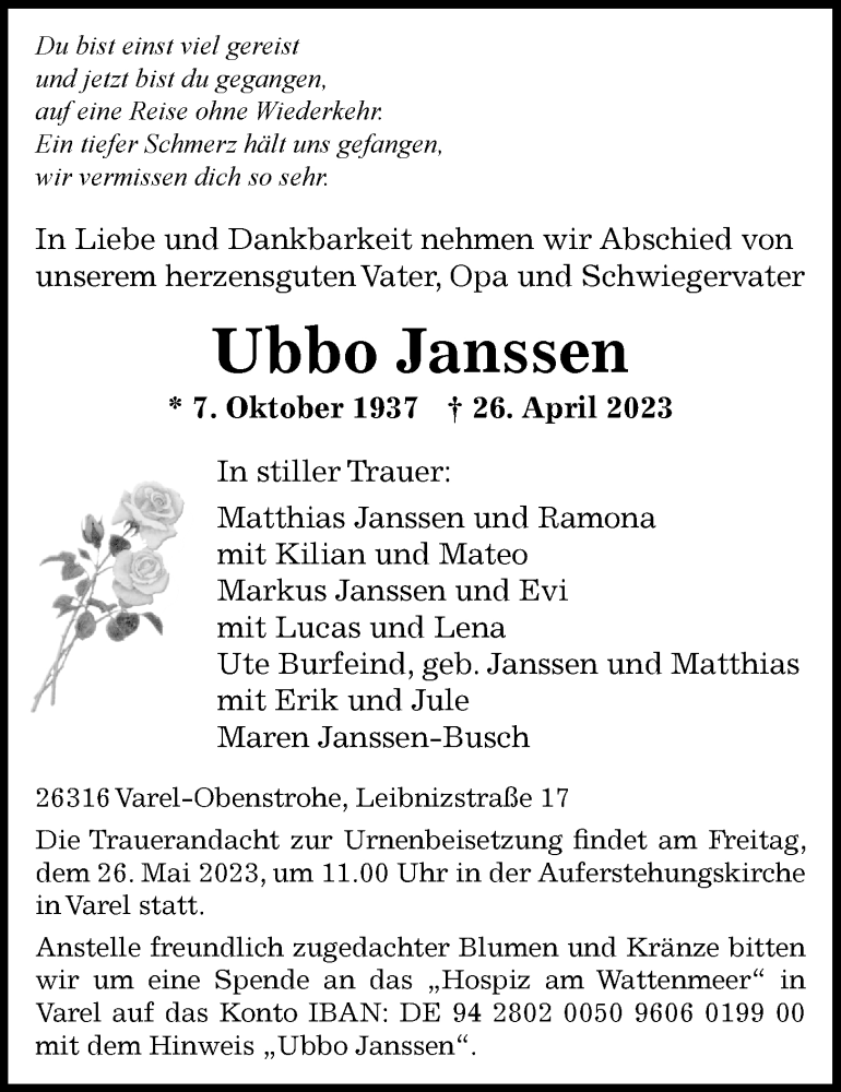  Traueranzeige für Ubbo Janssen vom 20.05.2023 aus Nordwest-Zeitung