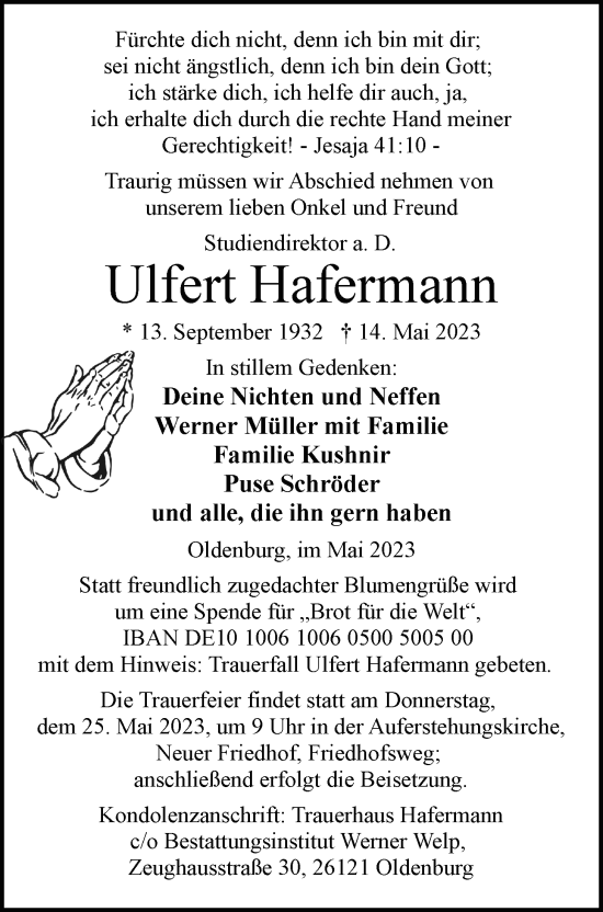 Traueranzeige von Ulfert Hafermann von Nordwest-Zeitung