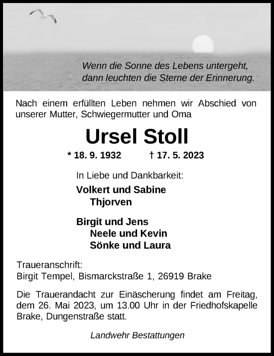 Traueranzeige von Ursel Stoll von Nordwest-Zeitung