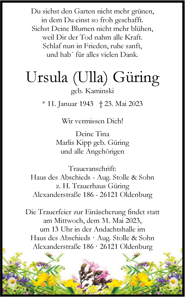  Traueranzeige für Ursula Güring vom 27.05.2023 aus Nordwest-Zeitung