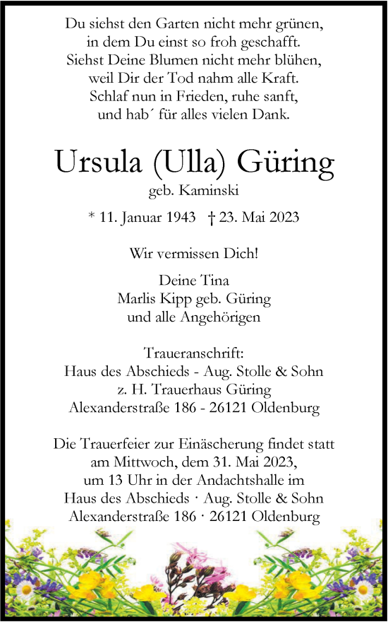Traueranzeige von Ursula Güring von Nordwest-Zeitung