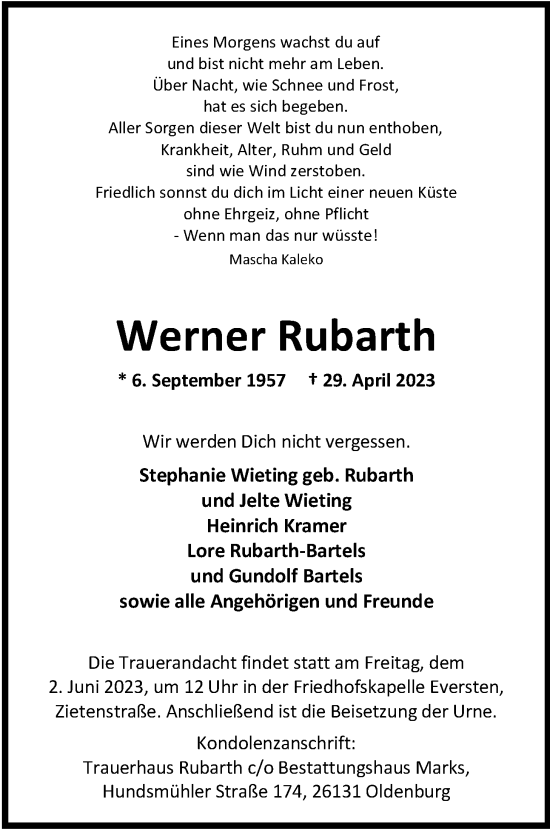 Traueranzeige von Werner Rubarth von Nordwest-Zeitung