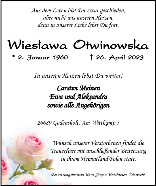 Traueranzeige von Wieslawa Otwinowska von Nordwest-Zeitung