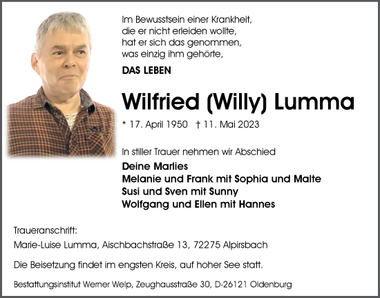 Traueranzeige von Wilfried Lumma von Nordwest-Zeitung