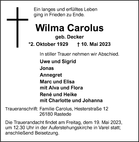 Traueranzeige von Wilma Carolus von Nordwest-Zeitung