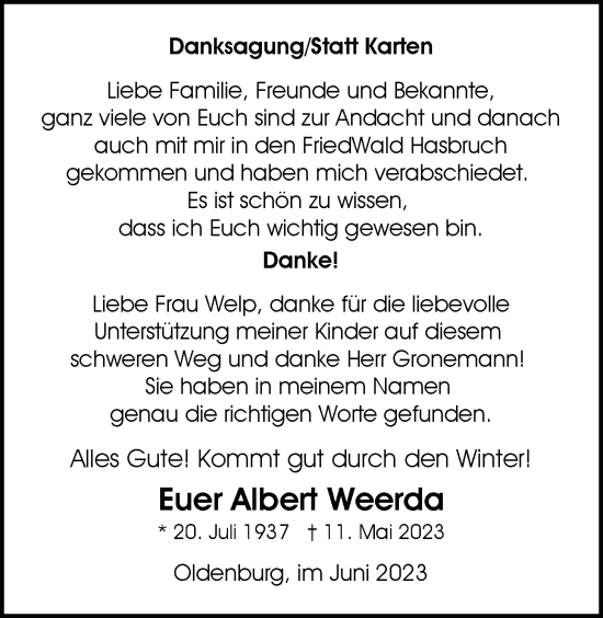 Traueranzeige von Albert Weerda von Nordwest-Zeitung