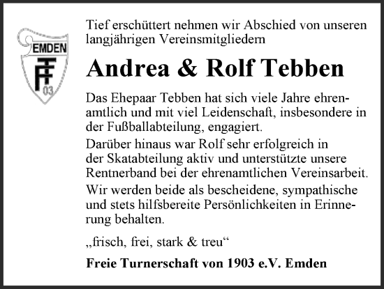 Traueranzeige von Andrea und Rolf Tebben von Emder Zeitung