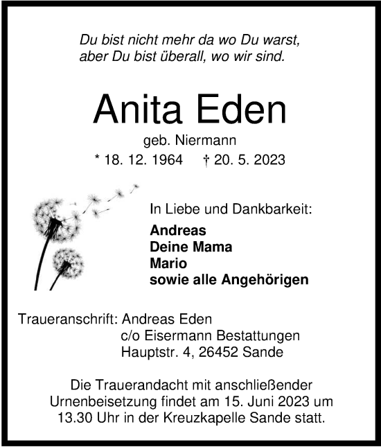 Traueranzeige von Anita Eden von WZ/JW/AH