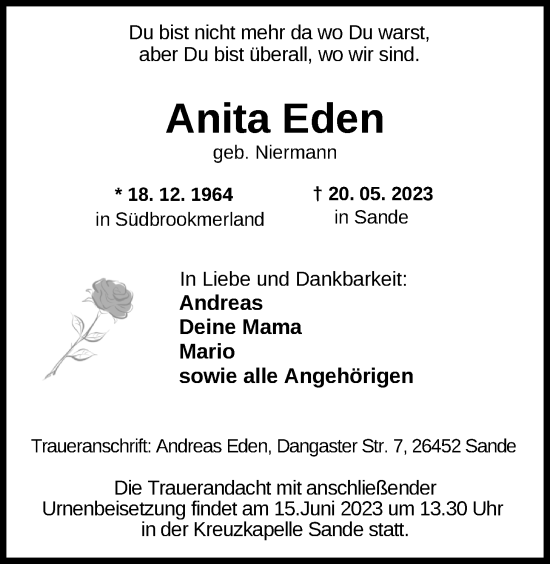 Traueranzeige von Anita Eden von Emder Zeitung