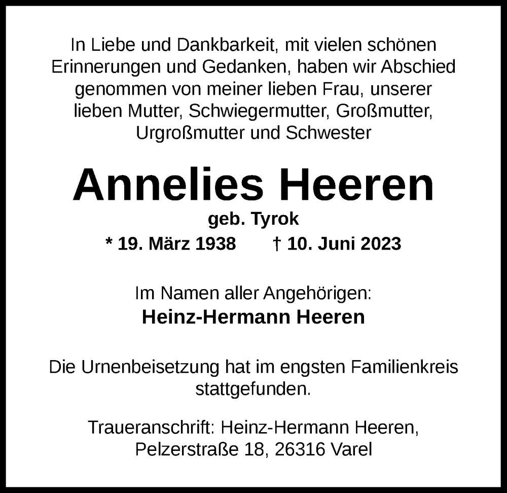  Traueranzeige für Annelies Heeren vom 01.07.2023 aus Nordwest-Zeitung