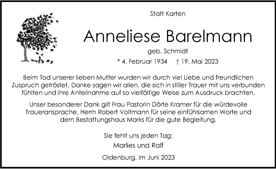Traueranzeige von Anneliese Barelmann von Nordwest-Zeitung