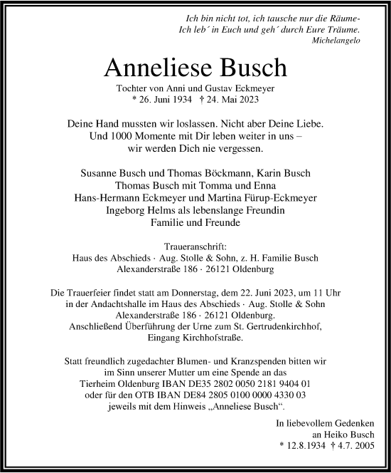 Traueranzeige von Anneliese Busch von Nordwest-Zeitung