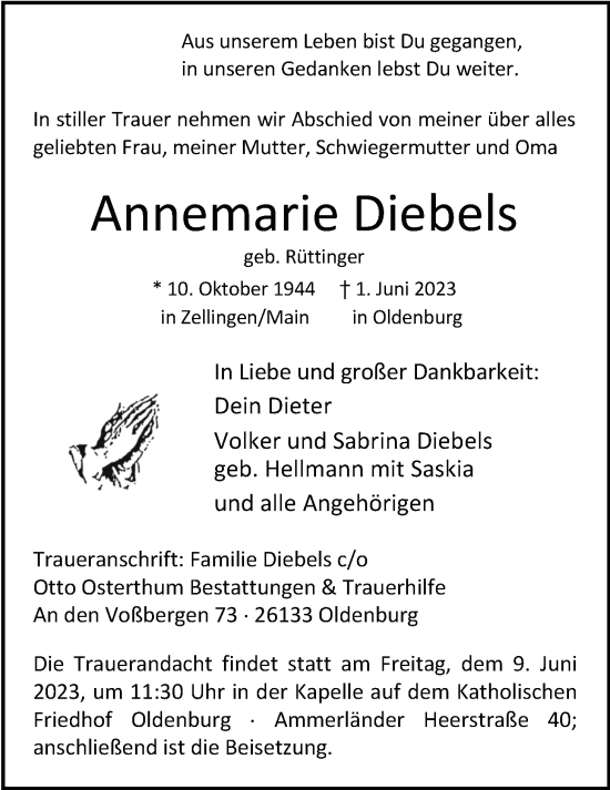 Traueranzeige von Annemarie Diebels von Nordwest-Zeitung