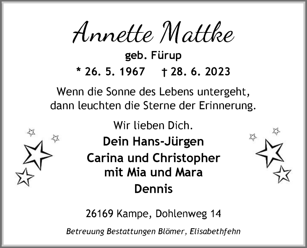  Traueranzeige für Annette Mattke vom 01.07.2023 aus Nordwest-Zeitung