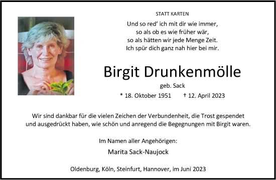 Traueranzeige von Birgit Drunkenmölle von Nordwest-Zeitung