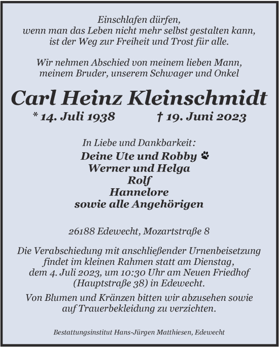 Traueranzeige von Carl Heinz Kleinschmidt von Nordwest-Zeitung