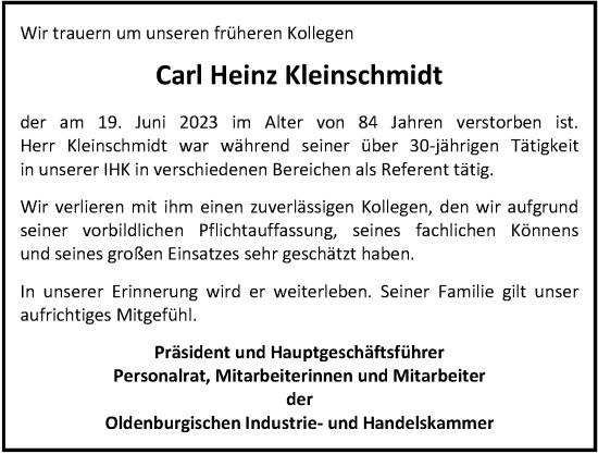 Traueranzeige von Carl Heinz Kleinschmidt von Nordwest-Zeitung