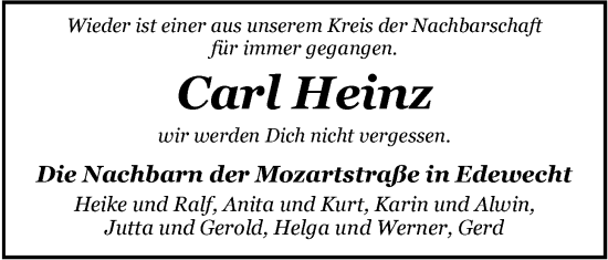 Traueranzeige von Carl Heinz Kleinschmidt von Nordwest-Zeitung