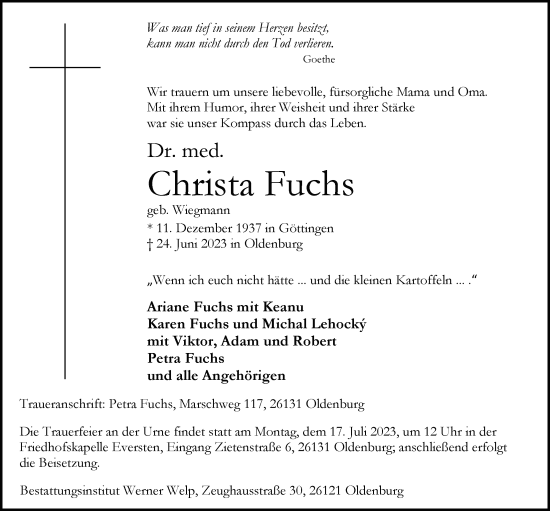 Traueranzeige von Christa Fuchs von Nordwest-Zeitung