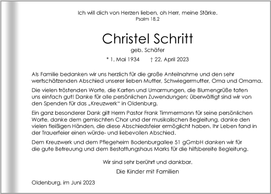 Traueranzeige von Christel Schritt von Nordwest-Zeitung