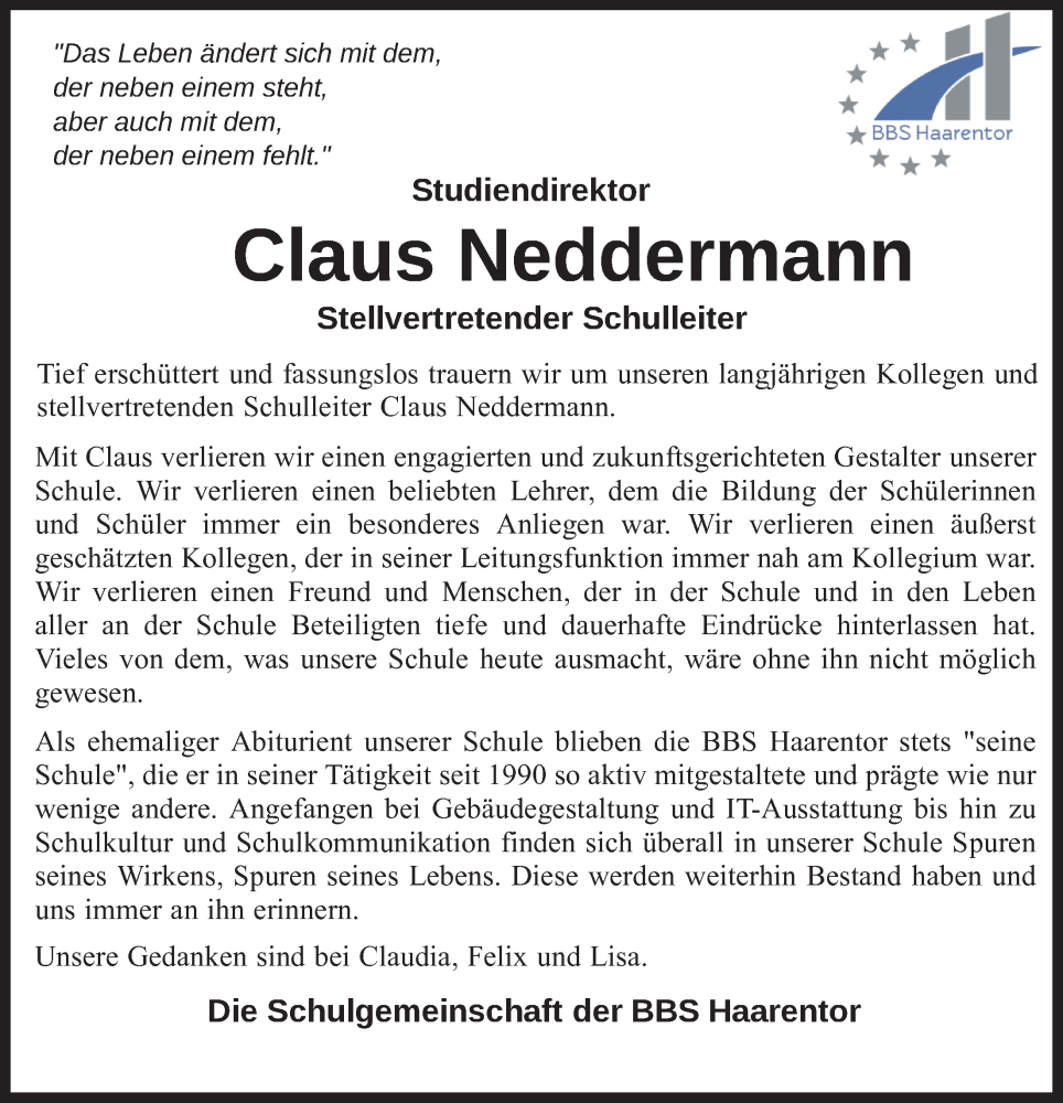  Traueranzeige für Claus Neddermann vom 24.06.2023 aus Nordwest-Zeitung