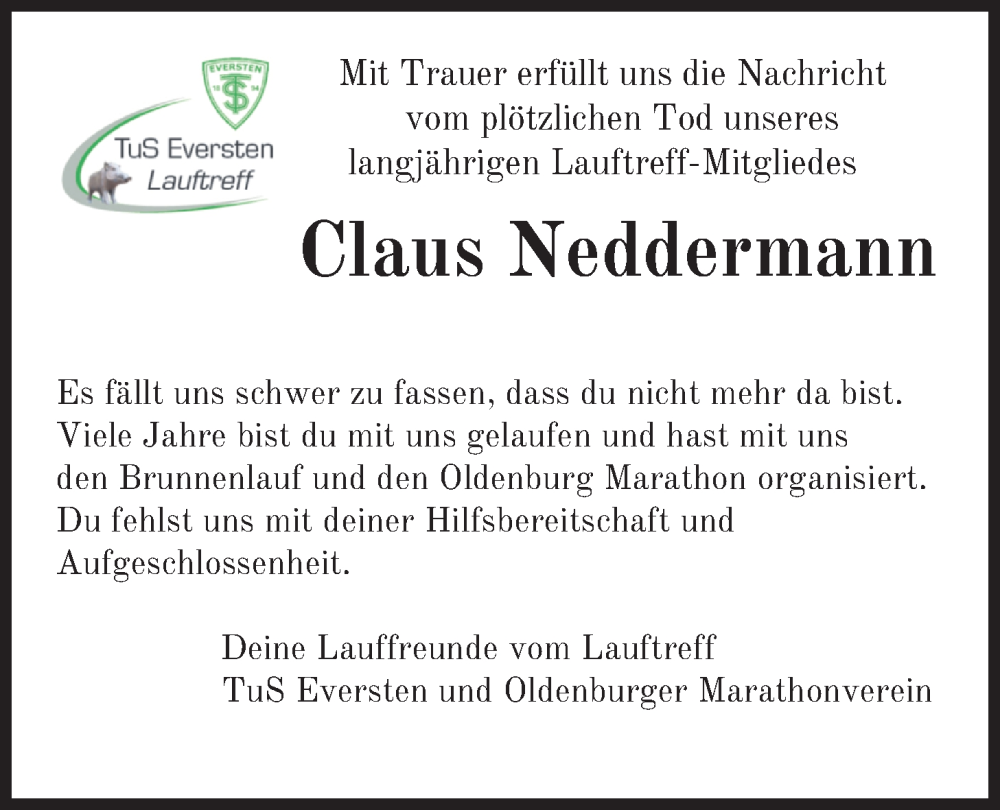  Traueranzeige für Claus Neddermann vom 24.06.2023 aus Nordwest-Zeitung