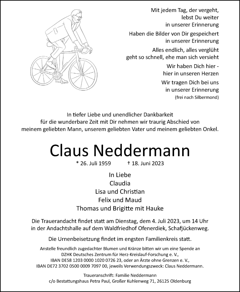  Traueranzeige für Claus Neddermann vom 24.06.2023 aus Nordwest-Zeitung