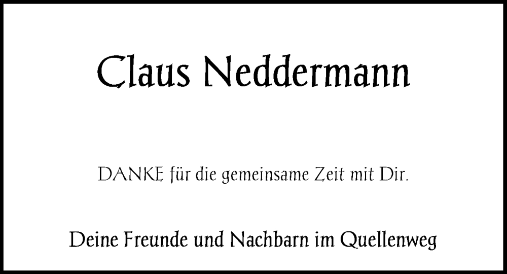  Traueranzeige für Claus Neddermann vom 24.06.2023 aus Nordwest-Zeitung