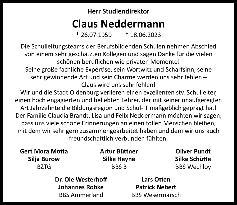  Traueranzeige für Claus Neddermann vom 24.06.2023 aus Nordwest-Zeitung