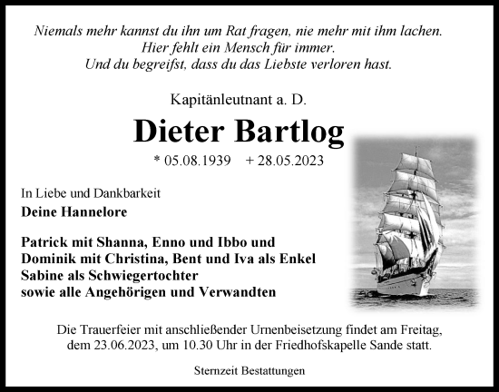 Traueranzeige von Dieter Bartlog von WZ/JW/AH