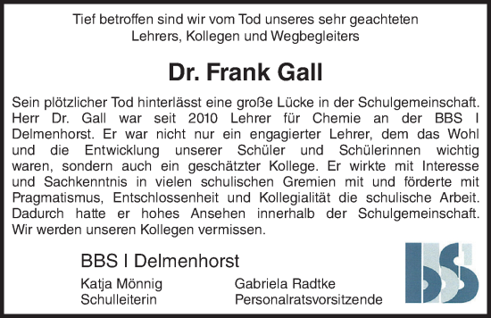 Traueranzeige von Dr. Frank Gall von Nordwest-Zeitung