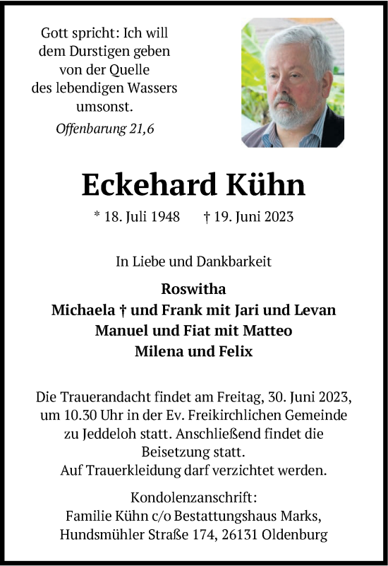 Traueranzeige von Eckehard Kühn von Nordwest-Zeitung